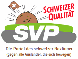 Das realistische Logo der Nazi-SVP
                                mit grauer Wiese, brauner Sonne und
                                braun-weisser Schweizer Fahne