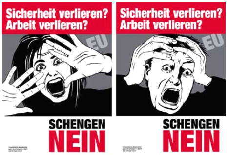Schengen-Schreckplakate der Hetzpartei SVP
                        in der Schweiz, 2005