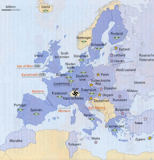 Karte von Europa mit der EU und der Nazi-Schweiz
              mit einem klaren SVP-Hakenkreuz wegen der Hetze gegen
              Menschengruppen nun schon 20 Jahre lang