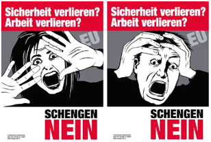 Grssliche Schengen-Schreckplakate der
                            SVP gegen EU-Brger 2004