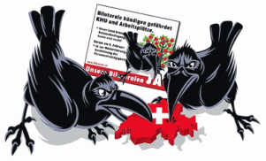 Plakat SVP 2008,
                              Personenfreizgigkeit mit Rumnien und
                              Bulgarien, Raben fressen Schweiz auf