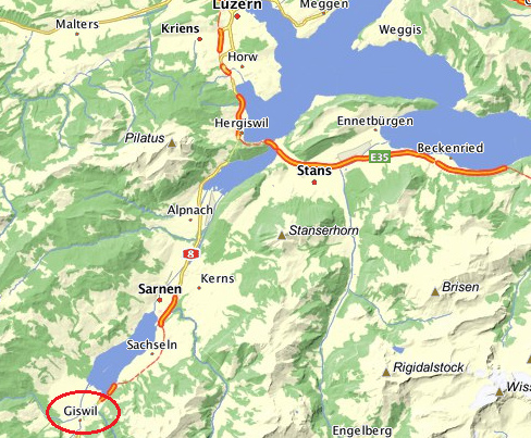 Karte
                          mit der Strecke zwischen Luzern und Giswil