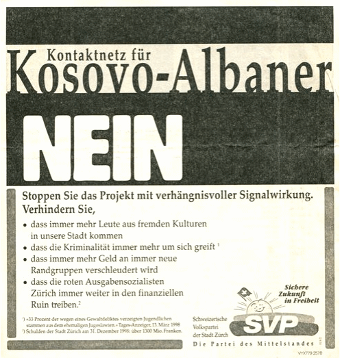 Das Zeitungsinserat
                            "Kontaktnetz fr Kosovo-Albaner
                            Nein" mit der pauschalen Hetze gegen
                            Kosovo-Albaner und alle Ex-Jugoslawen, 1998