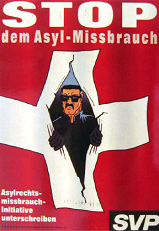 Das Nazi-Plakat von
                          Nazi-Grafiker Abcherli von 1999 gegen
                          Asylmissbrauch mit einem aufgeschlitzten
                          schweizer Kreuz