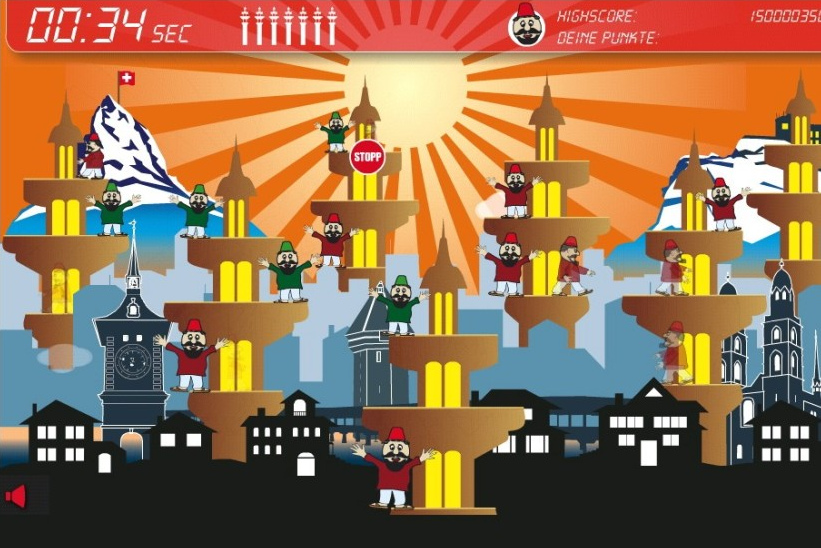 Alexander Segerts
                  Computerspiel gegen Minarette fr die Schweiz mit
                  Matterhorn und schweizer Fahne, mit Schusskreis
                  "Stopp" gegen Minarette