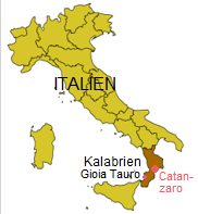 Karte von Italien mit
                        Kalabrien mit der Hauptstadt Catanzaro und dem
                        Drogenhafen Gioia Tauro