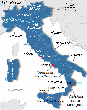 Map of
                        Italy with all three big Mafia groups, with Cosa
                        Nostra on Sicily, and port Gioia Tauro