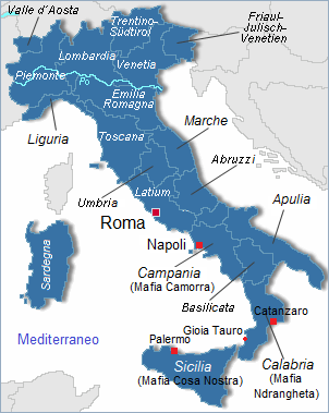 Mappa
                        d'Italia con le mafie di Camorra, Ndrangheta e
                        Cosa Nostra e con il porto Gioia Tauro