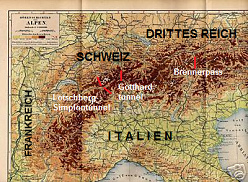 Eine Karte mit der Einzeichnung der drei
                          Eisenbahn-Alpenbergnge Simplon, Gotthard und
                          Brenner. Der Brenner wurde bombardiert, und so
                          wurden die schweizerischen Alpentunnel Simplon
                          und Gotthard fr das Dritte Reich immer
                          wichtiger