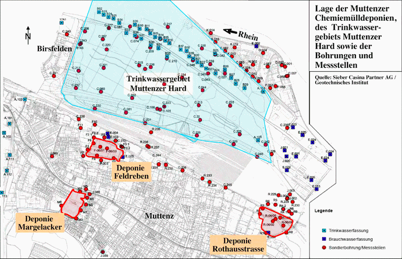Muttenz, Karte mit
                          den 3 Giftmlldeponien und dem
                          Trinkwassergebiet nebendran