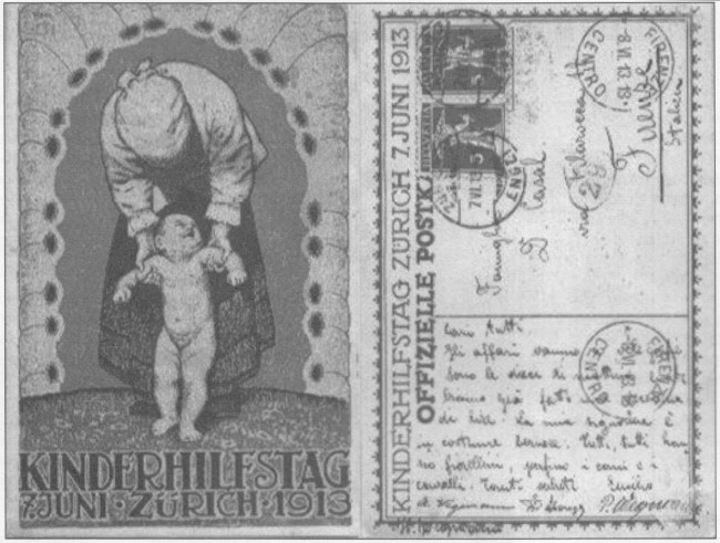 Postkarte
                mit Werbung fr den Kinderhilfstag von 1913