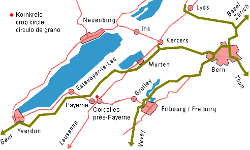 Karte mit Corcelles bei
                        Payerne mit der Position des Kornkreises